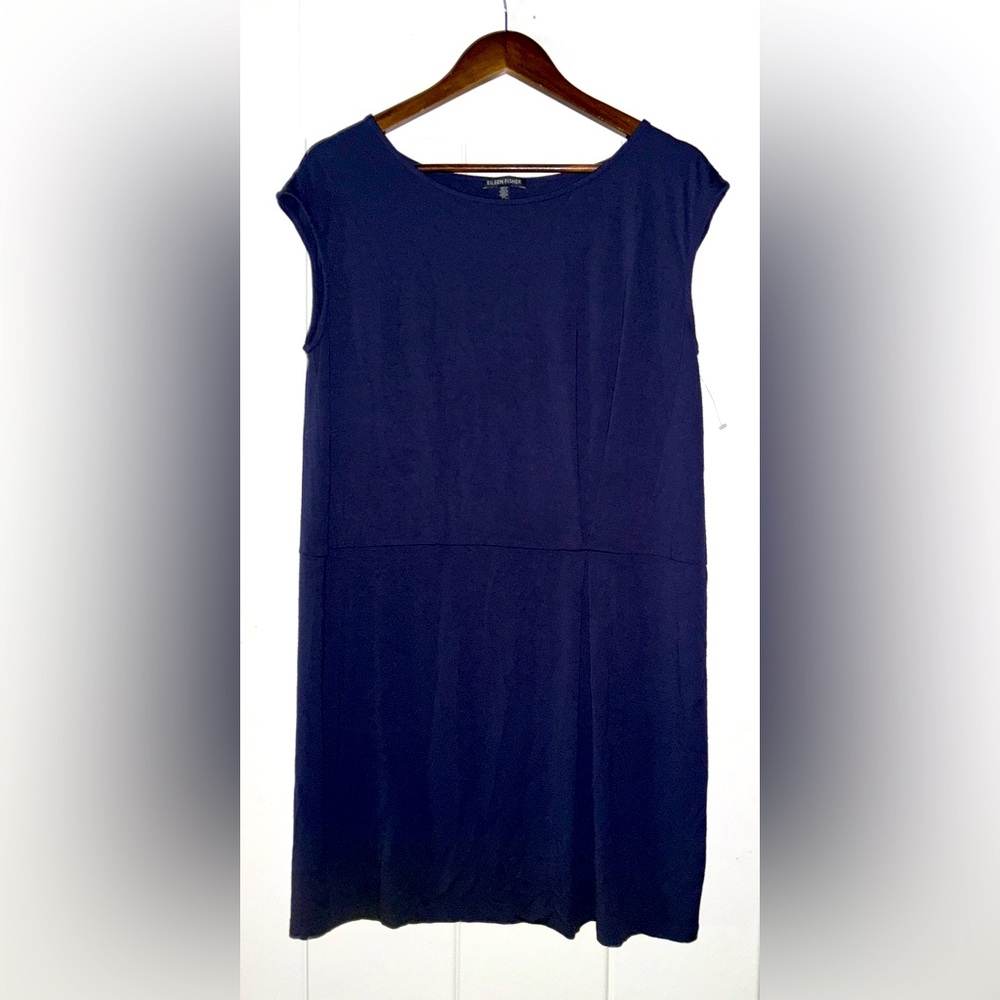 Eileen Fisher Pintuck Women M Viscose Navy Blue Shift Dress Lagenlook Minimalist